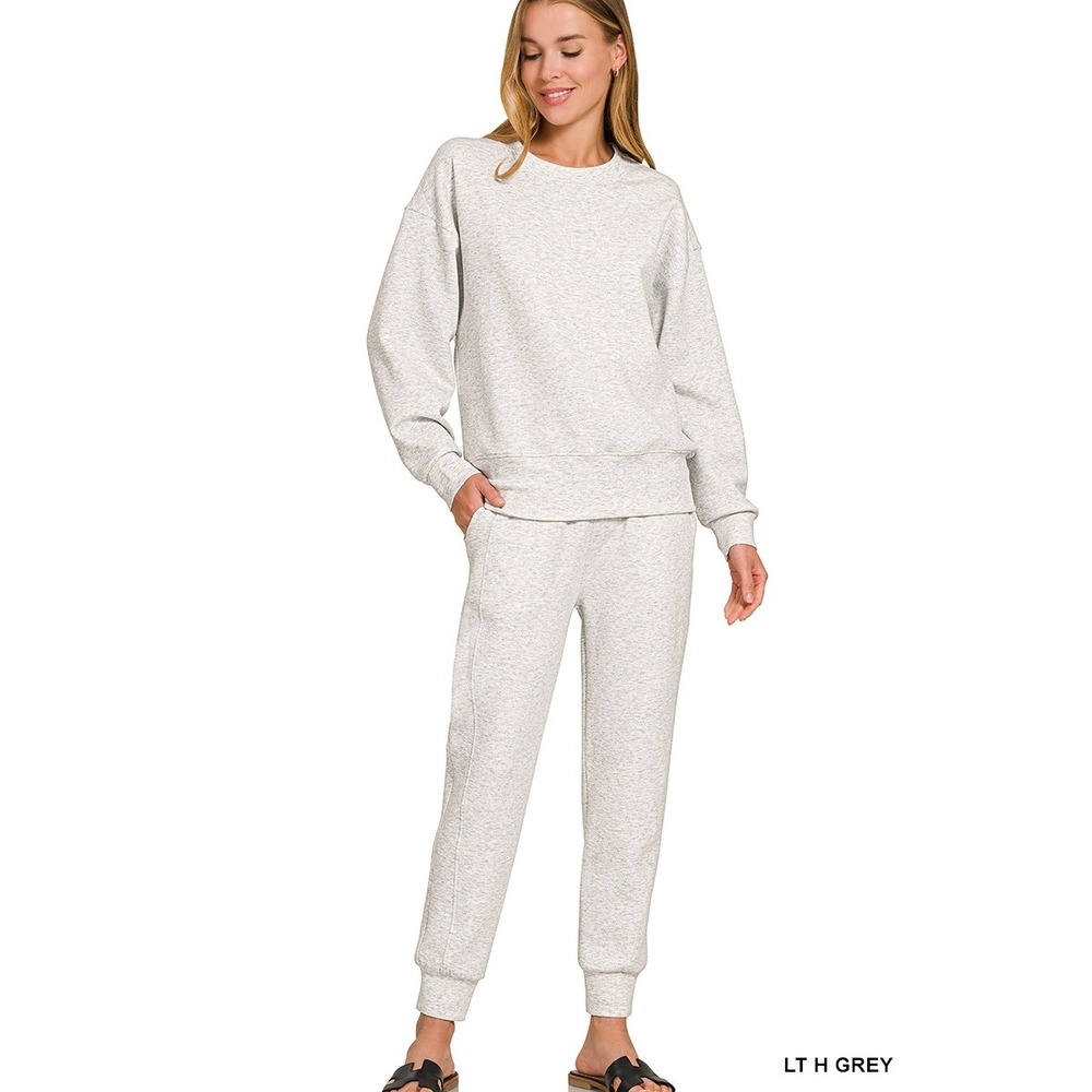 Zenana Scuba Crewneck Pullover Joggers Set Womens Med H Grey NWOT ROPT-4053D4